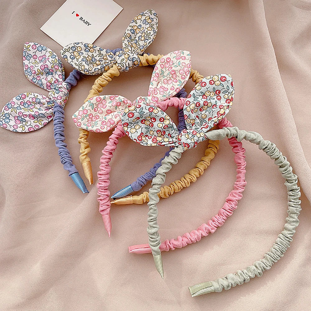 Kids Cute Lovely Cloth Flowers Printed Hairband Small Fresh Style Fashion Baby Girls Rabbit Ears Bowknot Headband Hair Hoops