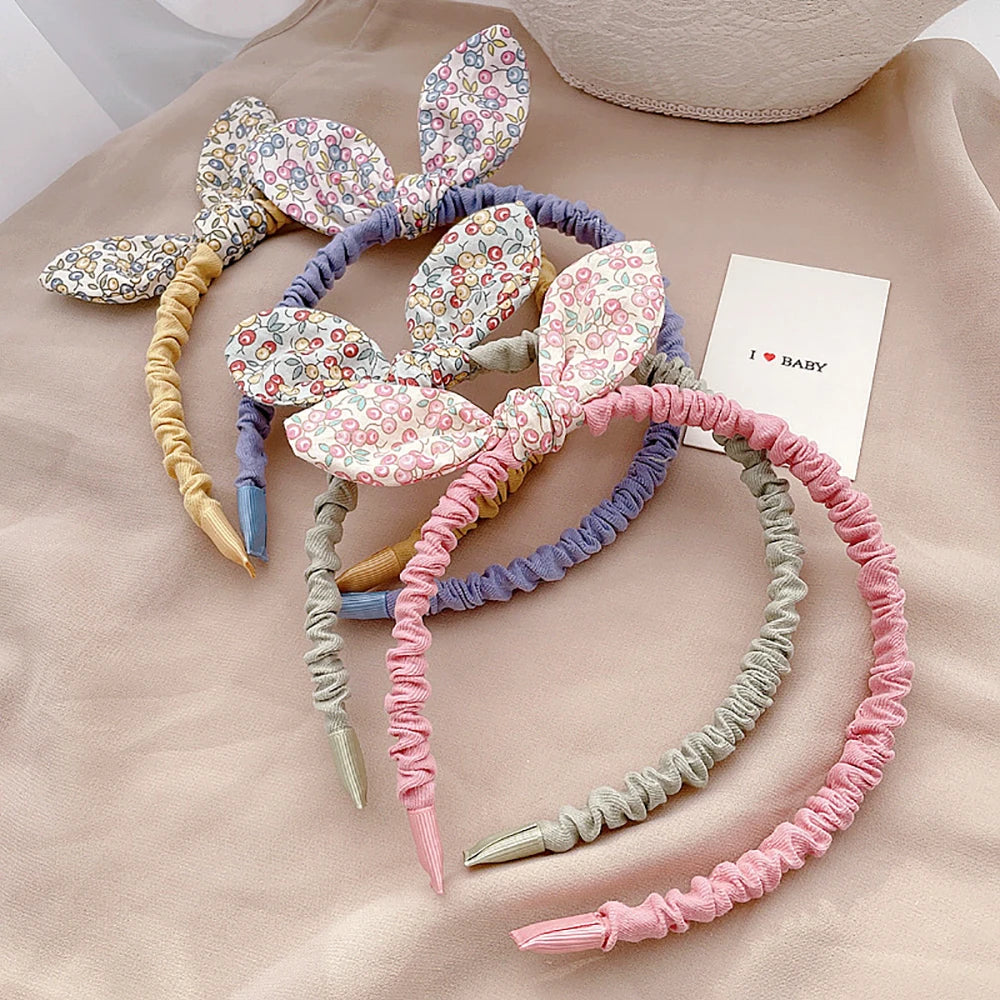 Kids Cute Lovely Cloth Flowers Printed Hairband Small Fresh Style Fashion Baby Girls Rabbit Ears Bowknot Headband Hair Hoops