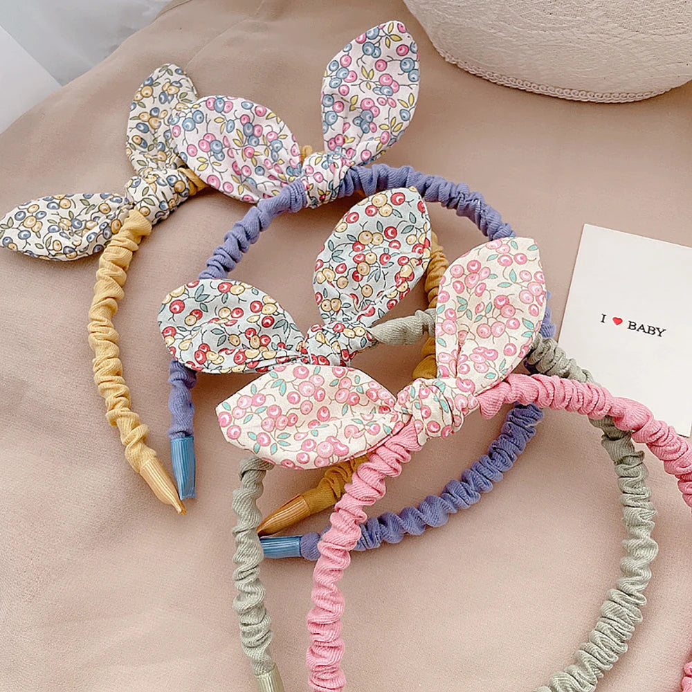 Kids Cute Lovely Cloth Flowers Printed Hairband Small Fresh Style Fashion Baby Girls Rabbit Ears Bowknot Headband Hair Hoops