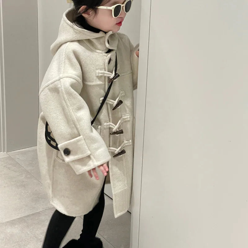 Boys and Girls' Coat Autumn Winter New Jacket Korean Style Temperament Corner Button Hooded Woolen Coat Trendy Kids Cardigan