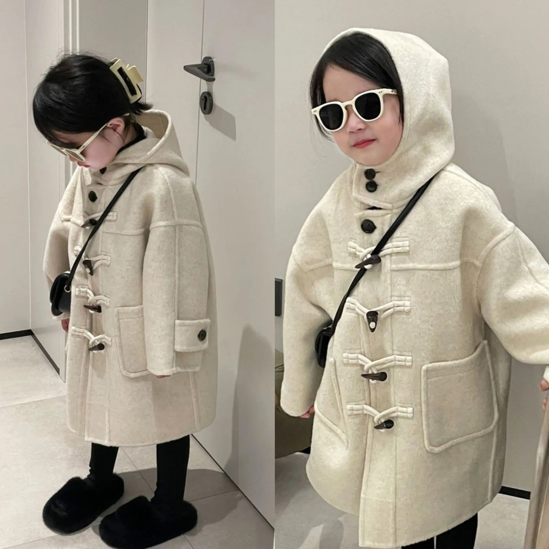 Boys and Girls' Coat Autumn Winter New Jacket Korean Style Temperament Corner Button Hooded Woolen Coat Trendy Kids Cardigan