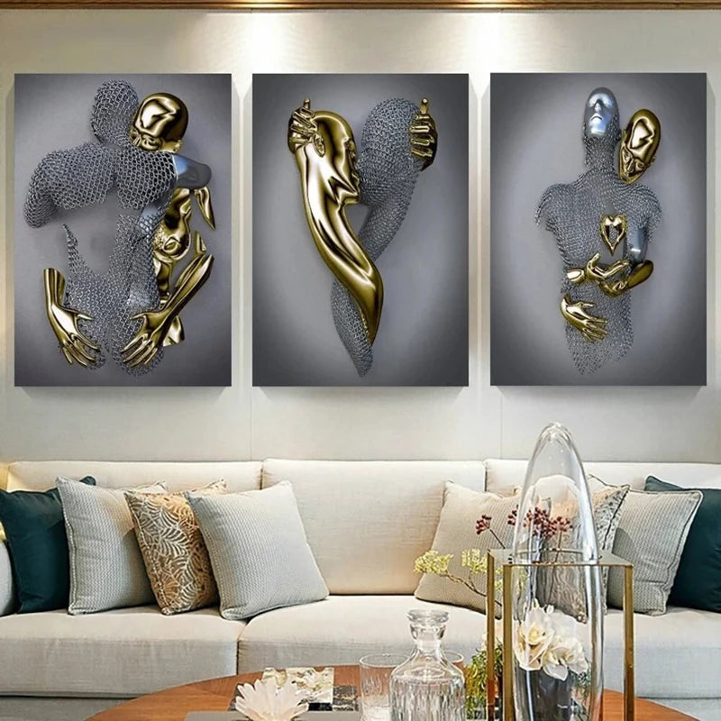 Love Heart Metallic Wall Art Canvas Painting 3D Effect,Hugging Couple Posters and Prints Kissing Art for Living Room Home Decor