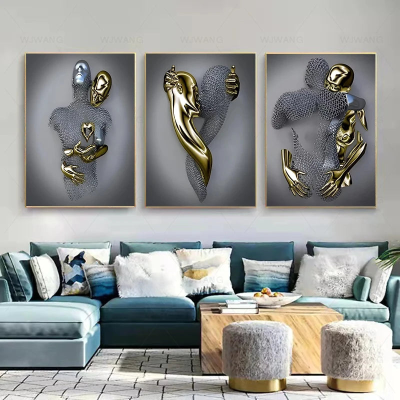 Love Heart Metallic Wall Art Canvas Painting 3D Effect,Hugging Couple Posters and Prints Kissing Art for Living Room Home Decor