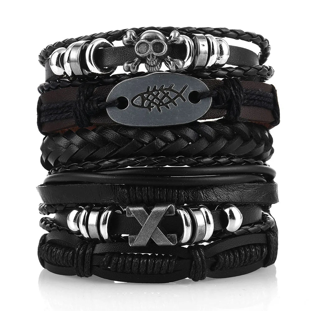 1 Fashion Bracelet Viking  Bracelet For Men Hand Bracelets Woven Skull Hand Jewelry Adjustable Leather Set Bracelet For Leather