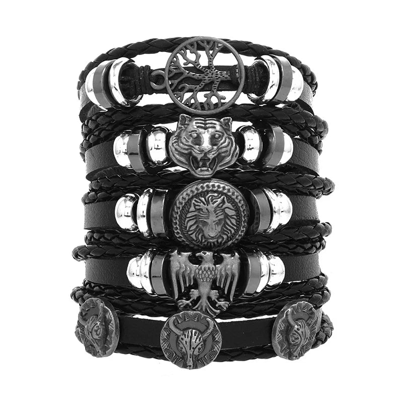 1 Fashion Bracelet Viking  Bracelet For Men Hand Bracelets Woven Skull Hand Jewelry Adjustable Leather Set Bracelet For Leather