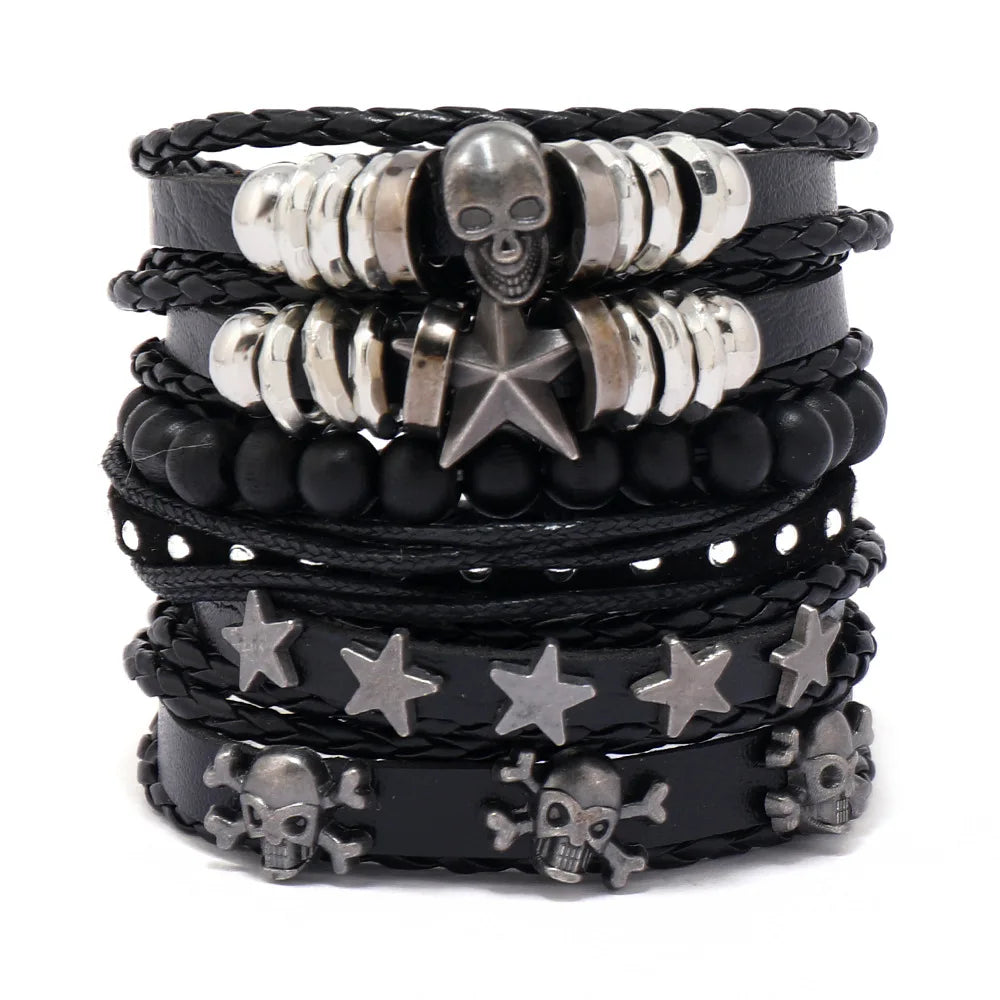 1 Fashion Bracelet Viking  Bracelet For Men Hand Bracelets Woven Skull Hand Jewelry Adjustable Leather Set Bracelet For Leather