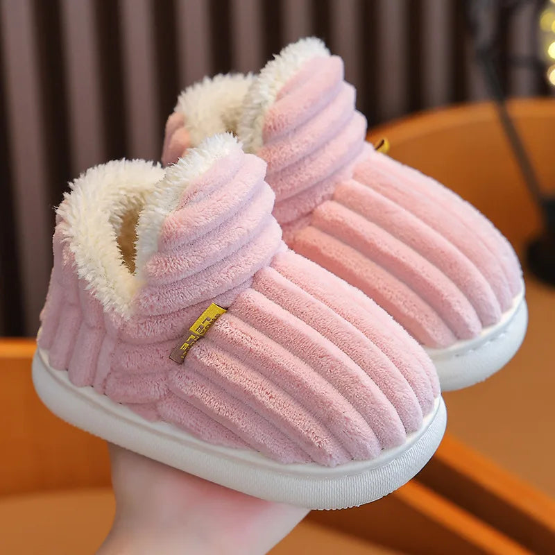 Bebealy Winter Children Shoes Outdoor Fuzzy Antiskid Cotton Slippers Indoor Soft Boys Slippers Classic Fur Girl House Slippers