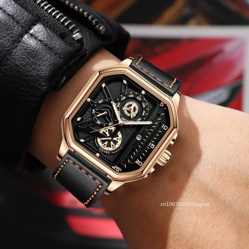 Men Quartz Watches Alloy Dial Business Men Watch PU Leather Strap Big Dial Square Sports Watch Cool Black Wristwatch for Man