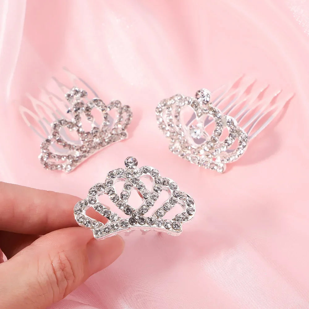 1Pcs 1.5'' Crystal Princess Crown Comb Girls Kids Rhinestone Tiara Hair Clips Costume Accessories Birthday Party Headwear Gifts