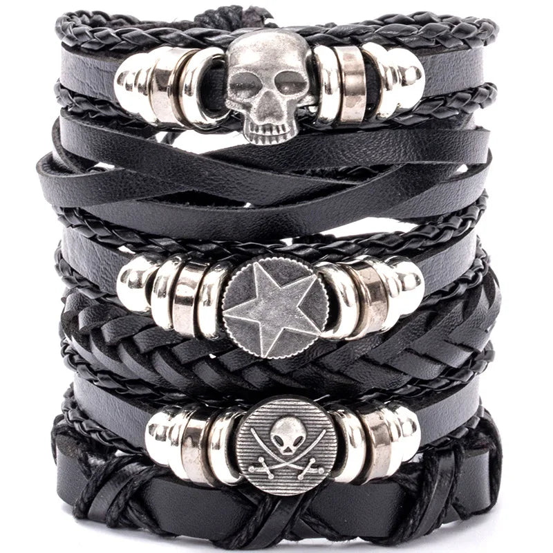 1 Fashion Bracelet Viking  Bracelet For Men Hand Bracelets Woven Skull Hand Jewelry Adjustable Leather Set Bracelet For Leather