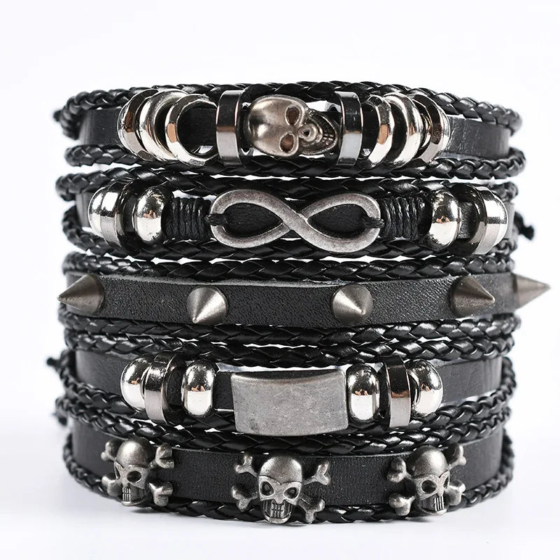 1 Fashion Bracelet Viking  Bracelet For Men Hand Bracelets Woven Skull Hand Jewelry Adjustable Leather Set Bracelet For Leather