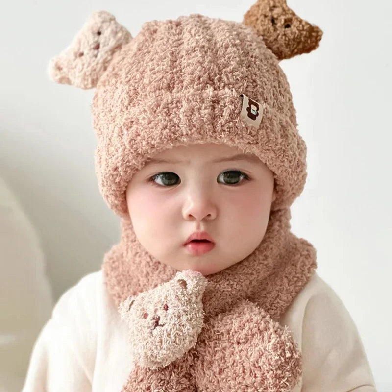 Baby Hat for Girls Boys Scarf Warm Cap Winter Cartoon Bear Hat for Kids Newborn Baby Stuff Children Hat Kids Caps