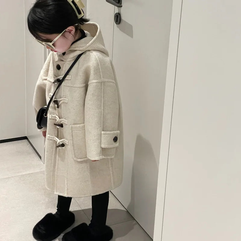 Boys and Girls' Coat Autumn Winter New Jacket Korean Style Temperament Corner Button Hooded Woolen Coat Trendy Kids Cardigan