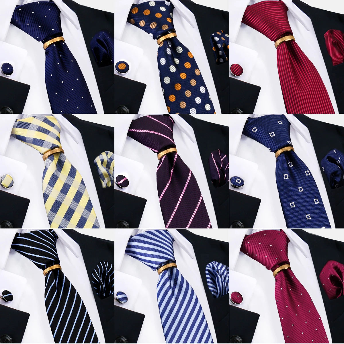 Men Ties with Ring Brooch Pin Set Brand Designer Paisley Plaid Necktie Handkerchief Cufflinks Wedding Party Gift Men Accessories