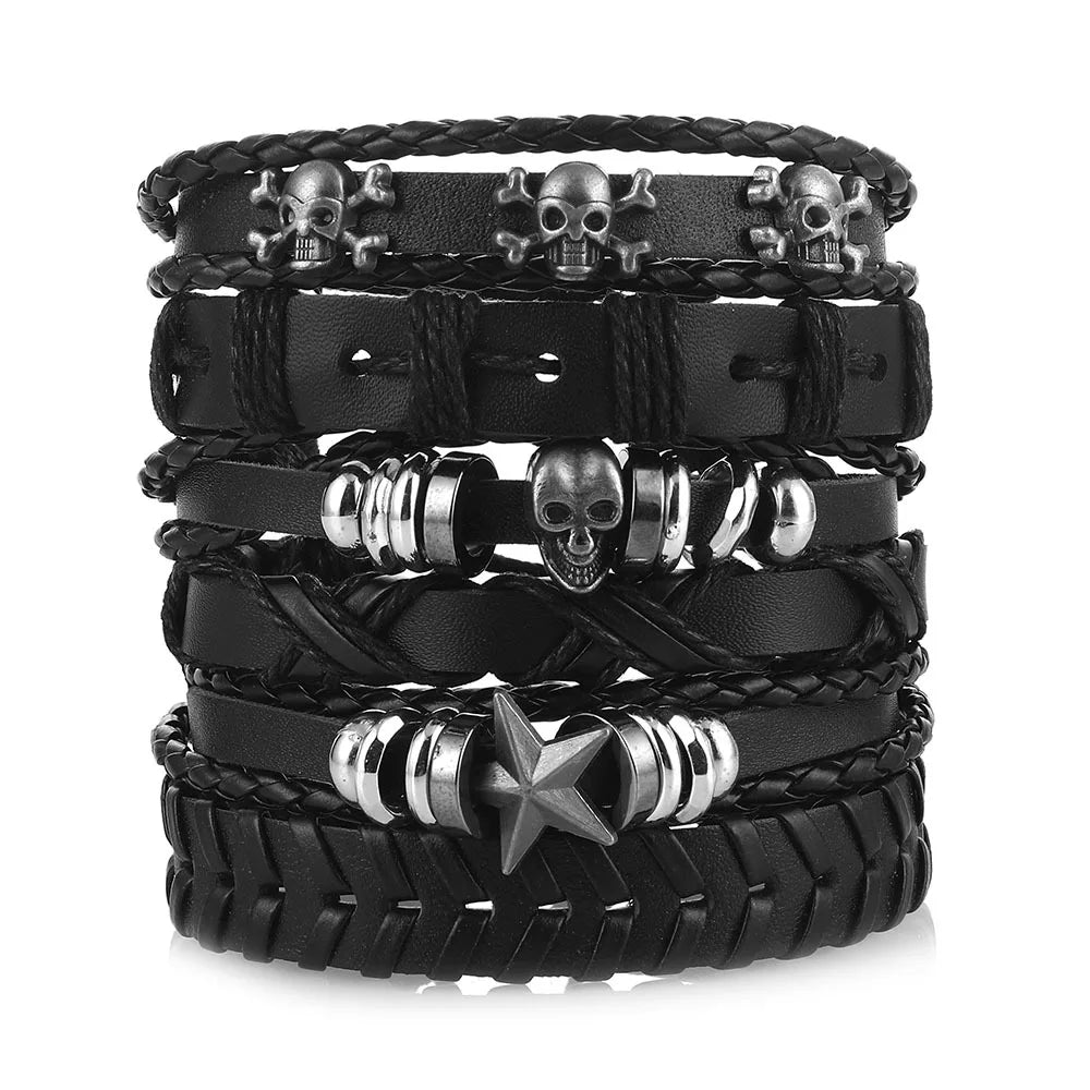 1 Fashion Bracelet Viking  Bracelet For Men Hand Bracelets Woven Skull Hand Jewelry Adjustable Leather Set Bracelet For Leather