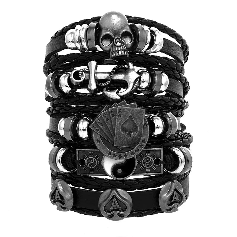 1 Fashion Bracelet Viking  Bracelet For Men Hand Bracelets Woven Skull Hand Jewelry Adjustable Leather Set Bracelet For Leather