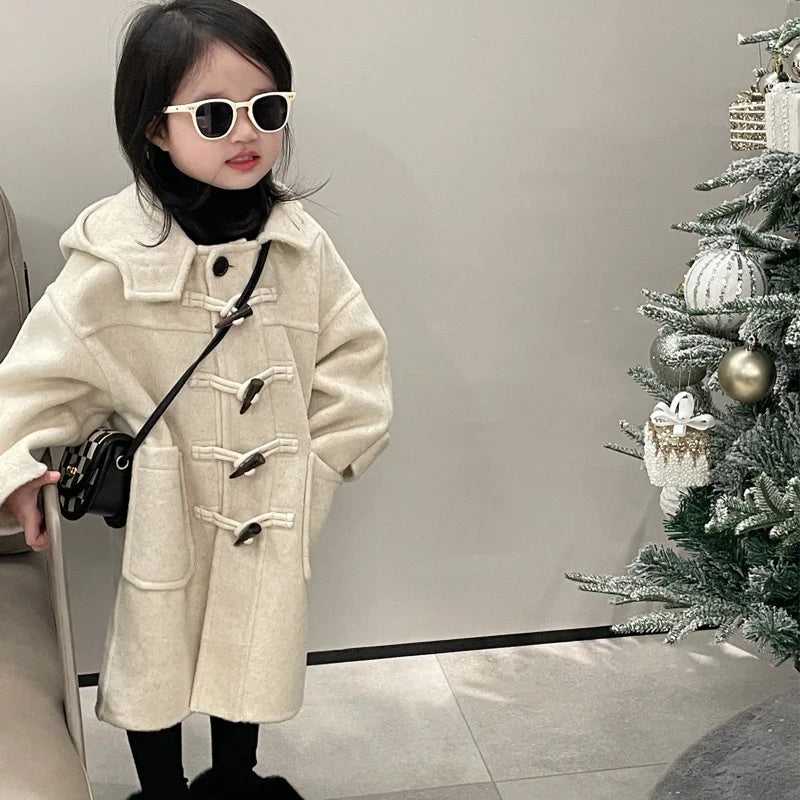 Boys and Girls' Coat Autumn Winter New Jacket Korean Style Temperament Corner Button Hooded Woolen Coat Trendy Kids Cardigan