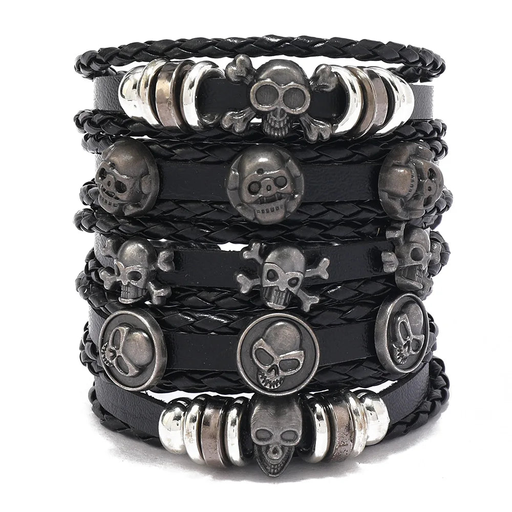 1 Fashion Bracelet Viking  Bracelet For Men Hand Bracelets Woven Skull Hand Jewelry Adjustable Leather Set Bracelet For Leather