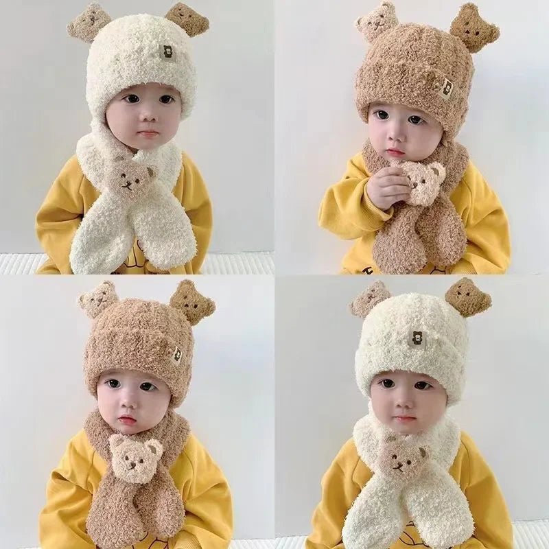 Baby Hat for Girls Boys Scarf Warm Cap Winter Cartoon Bear Hat for Kids Newborn Baby Stuff Children Hat Kids Caps